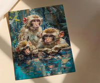 Japanese Macaque Art, Hot Spring Decor - Lush Green Forest Print