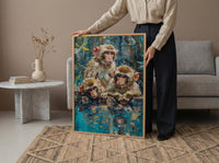 Japanese Macaque Art, Hot Spring Decor - Lush Green Forest Print
