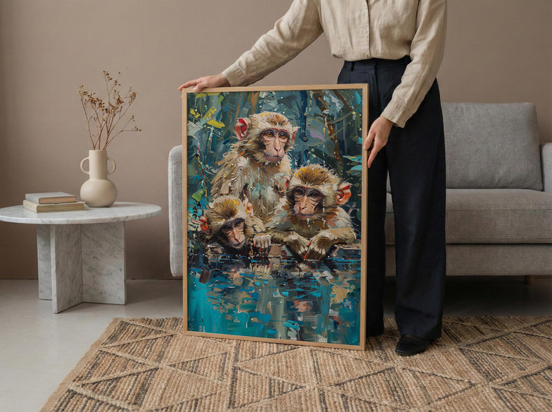 Japanese Macaque Art, Hot Spring Decor - Lush Green Forest Print