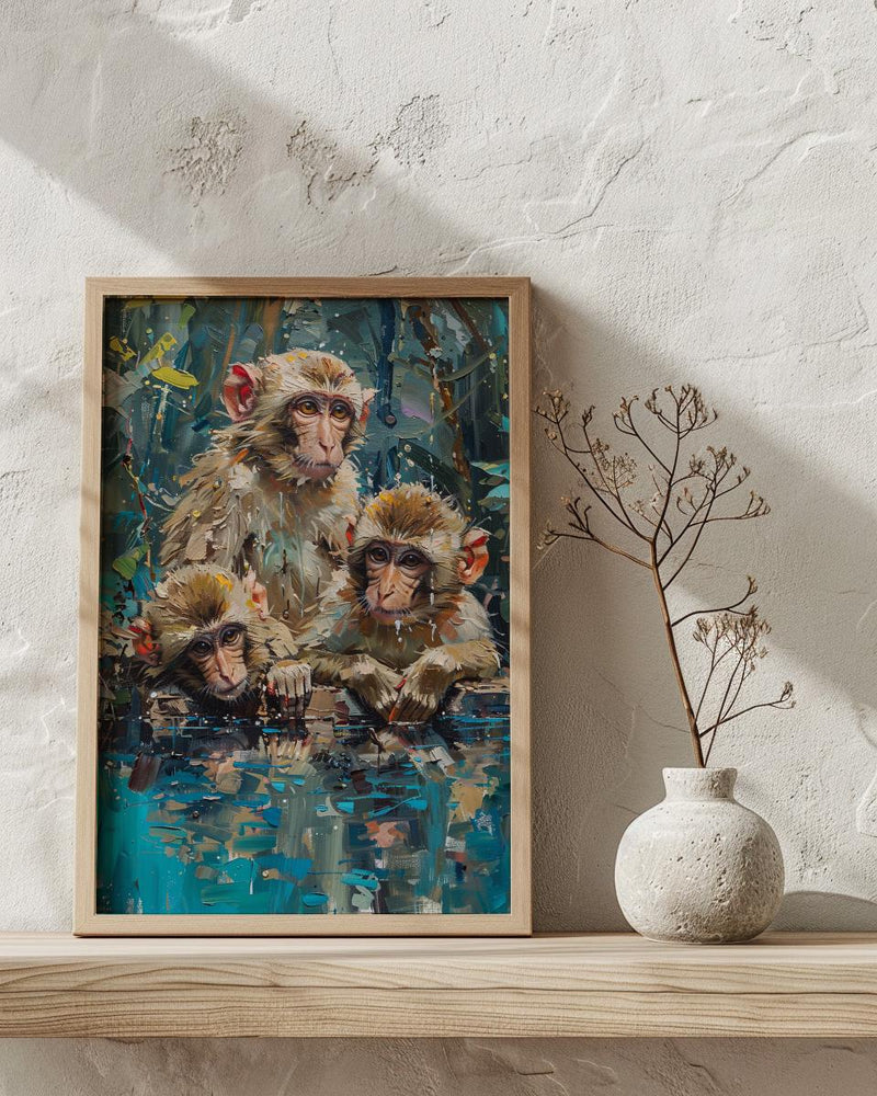 Japanese Macaque Art, Hot Spring Decor - Lush Green Forest Print