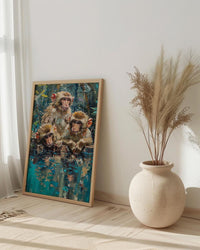 Japanese Macaque Art, Hot Spring Decor - Lush Green Forest Print