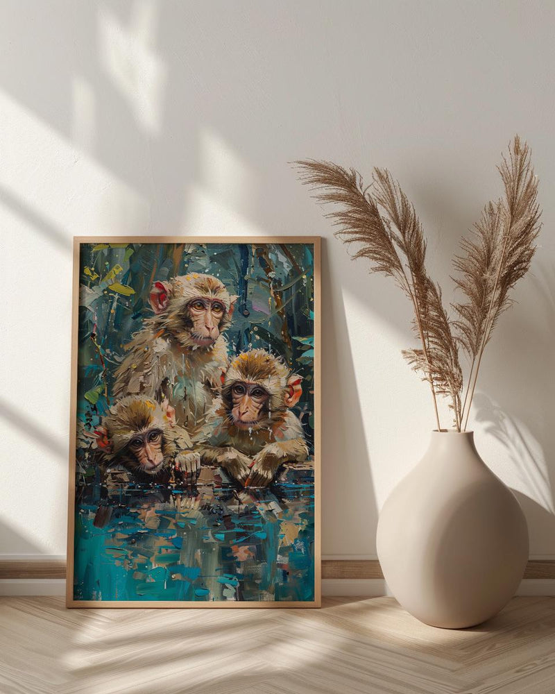 Japanese Macaque Art, Hot Spring Decor - Lush Green Forest Print