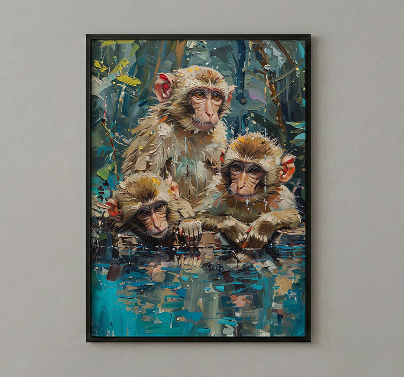 Japanese Macaque Art, Hot Spring Decor - Lush Green Forest Print