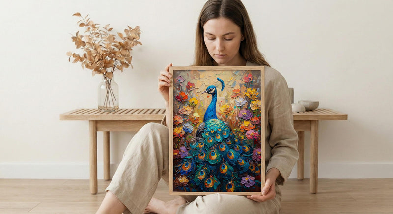 Blue Peacock Wall Art, India Palace Decor - Ornate Royal Garden