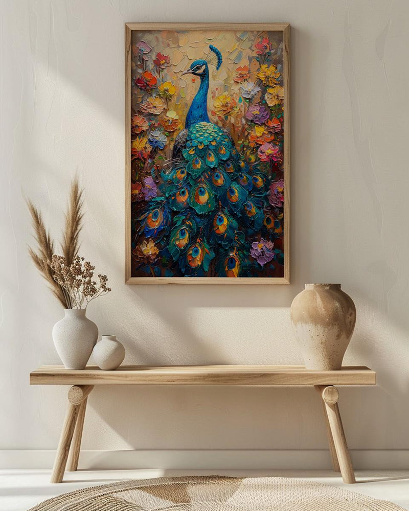 Blue Peacock Wall Art, India Palace Decor - Ornate Royal Garden