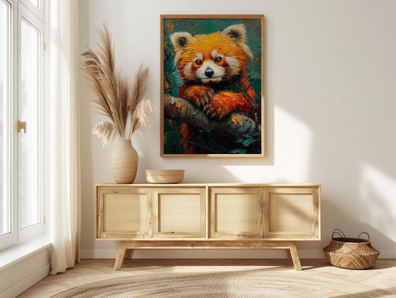 Red Panda Poster, Himalayan Nature Decor - Mossy Tree Branch Art