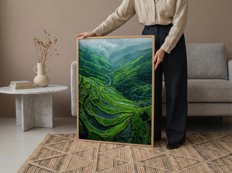 Rice Terrace Art Print, Emerald Green Decor - Curved Landscape