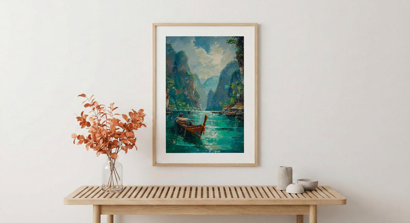 Phuket Ocean Poster, Turquoise Water Decor - Longtail Boat Print