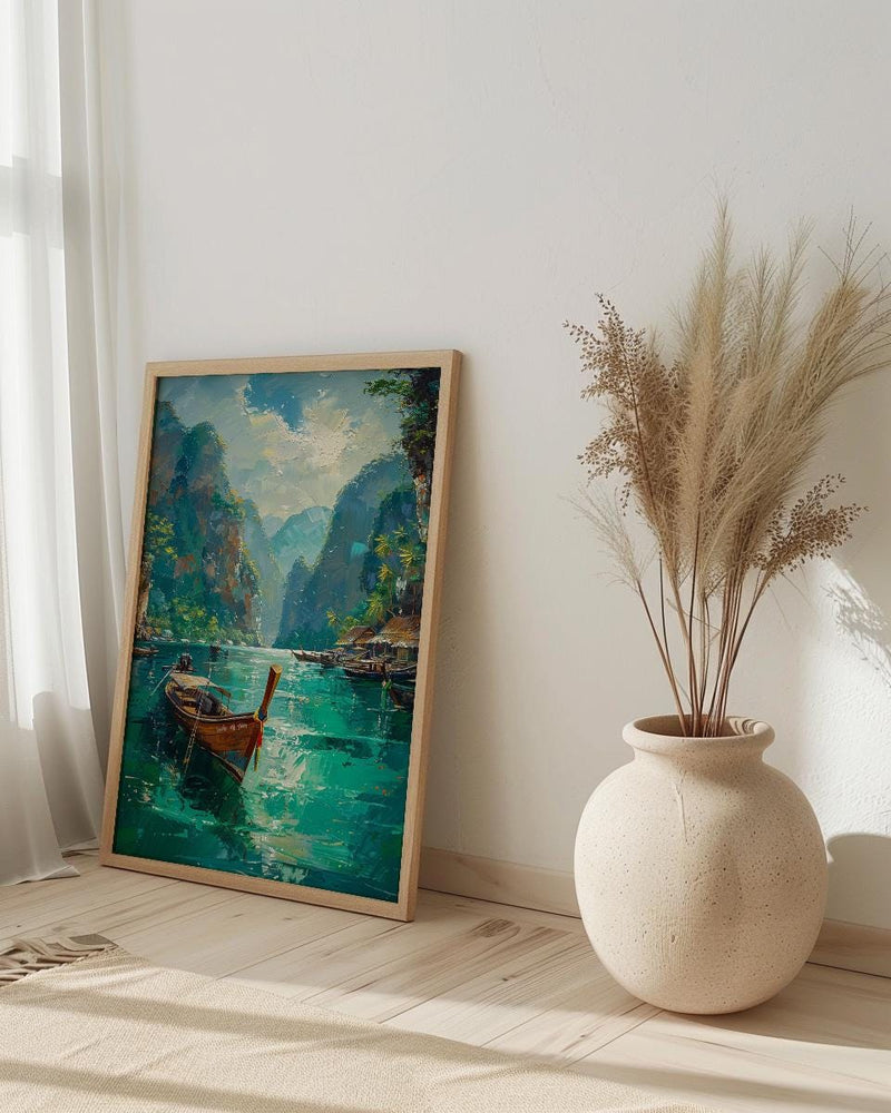 Phuket Ocean Poster, Turquoise Water Decor - Longtail Boat Print