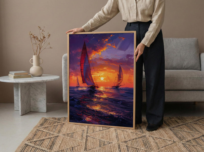 Boracay Sunset Wall Art, Paraw Sailboat Decor - Purple Ocean Print