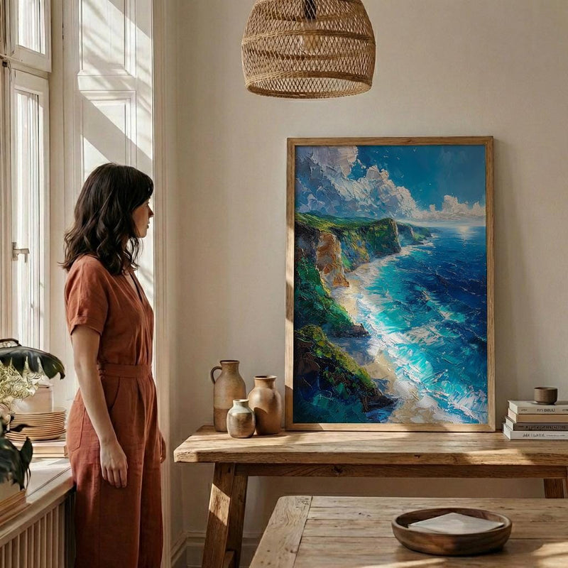 Nusa Penida Poster, Dinosaur Cliff Decor - Deep Blue Ocean Art