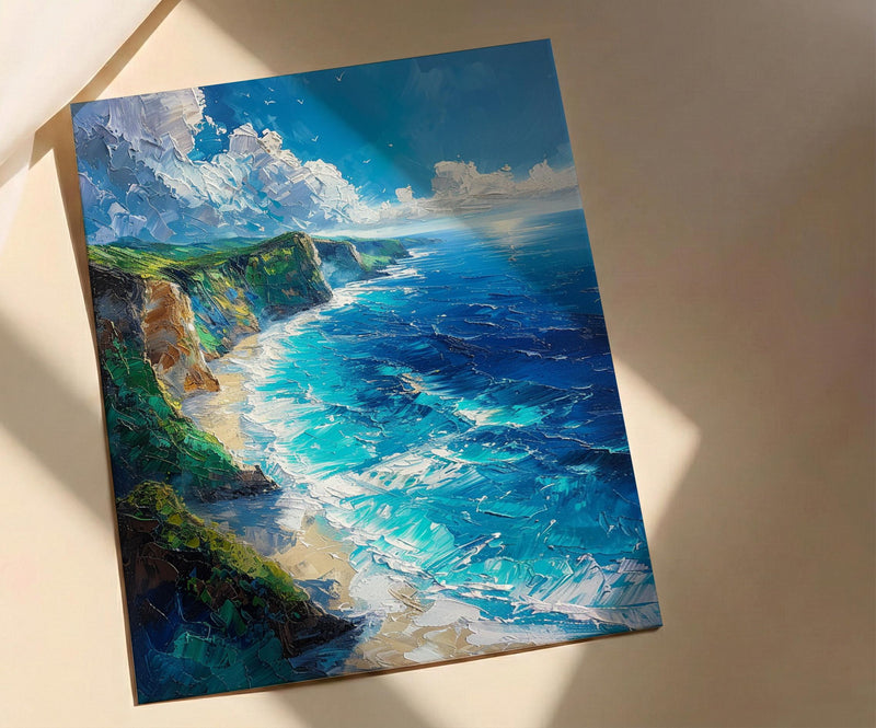 Nusa Penida Poster, Dinosaur Cliff Decor - Deep Blue Ocean Art