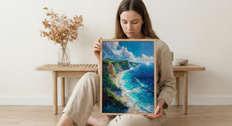 Nusa Penida Poster, Dinosaur Cliff Decor - Deep Blue Ocean Art