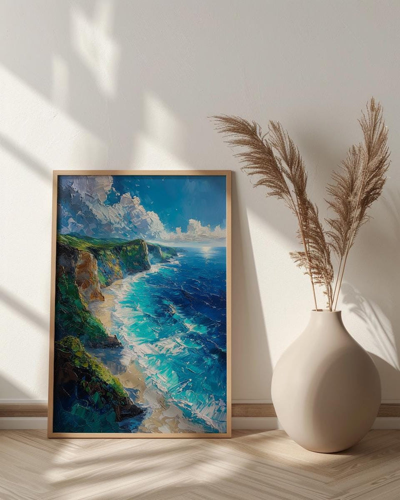 Nusa Penida Poster, Dinosaur Cliff Decor - Deep Blue Ocean Art