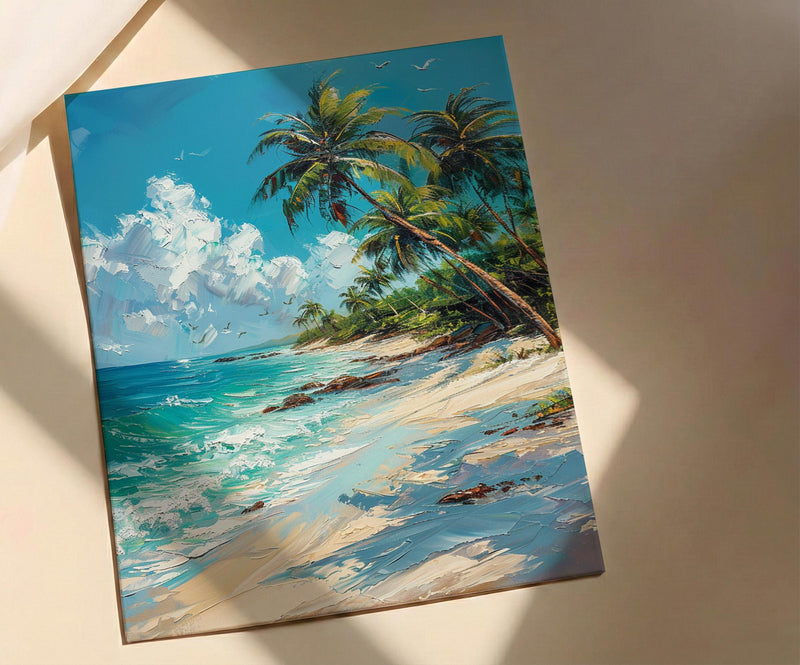 Koh Samui Beach Art, White Sand Decor - Tropical Palm Tree Print