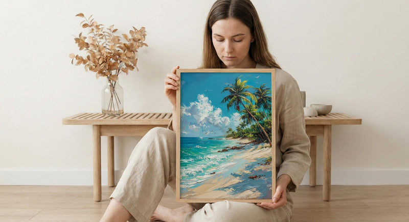 Koh Samui Beach Art, White Sand Decor - Tropical Palm Tree Print