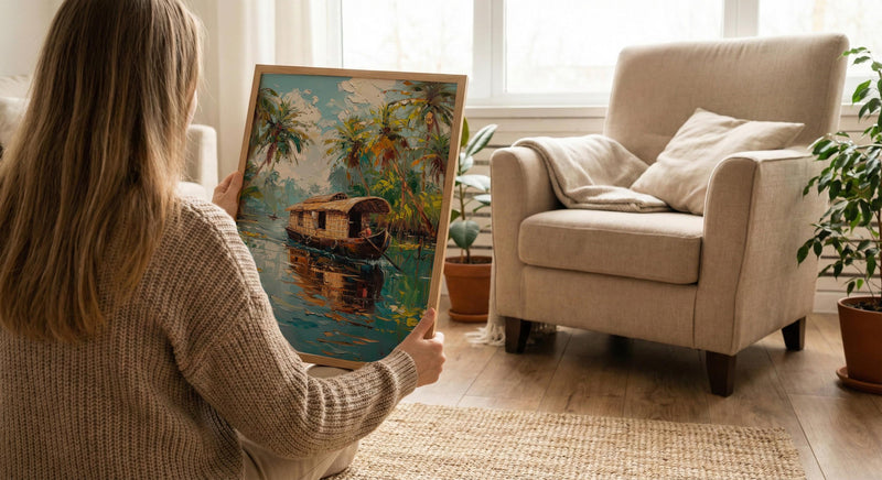 Kerala Backwater Poster, Wooden Houseboat - Tropical River Decor