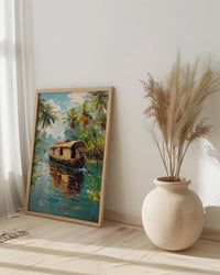 Kerala Backwater Poster, Wooden Houseboat - Tropical River Decor