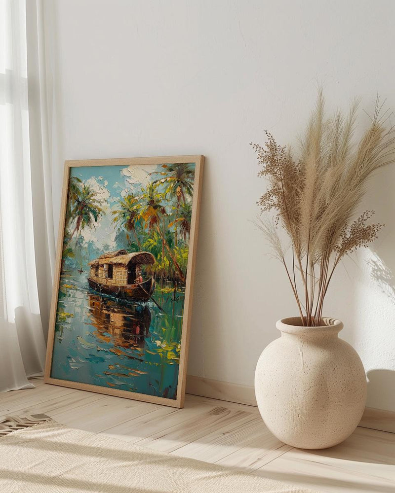 Kerala Backwater Poster, Wooden Houseboat - Tropical River Decor
