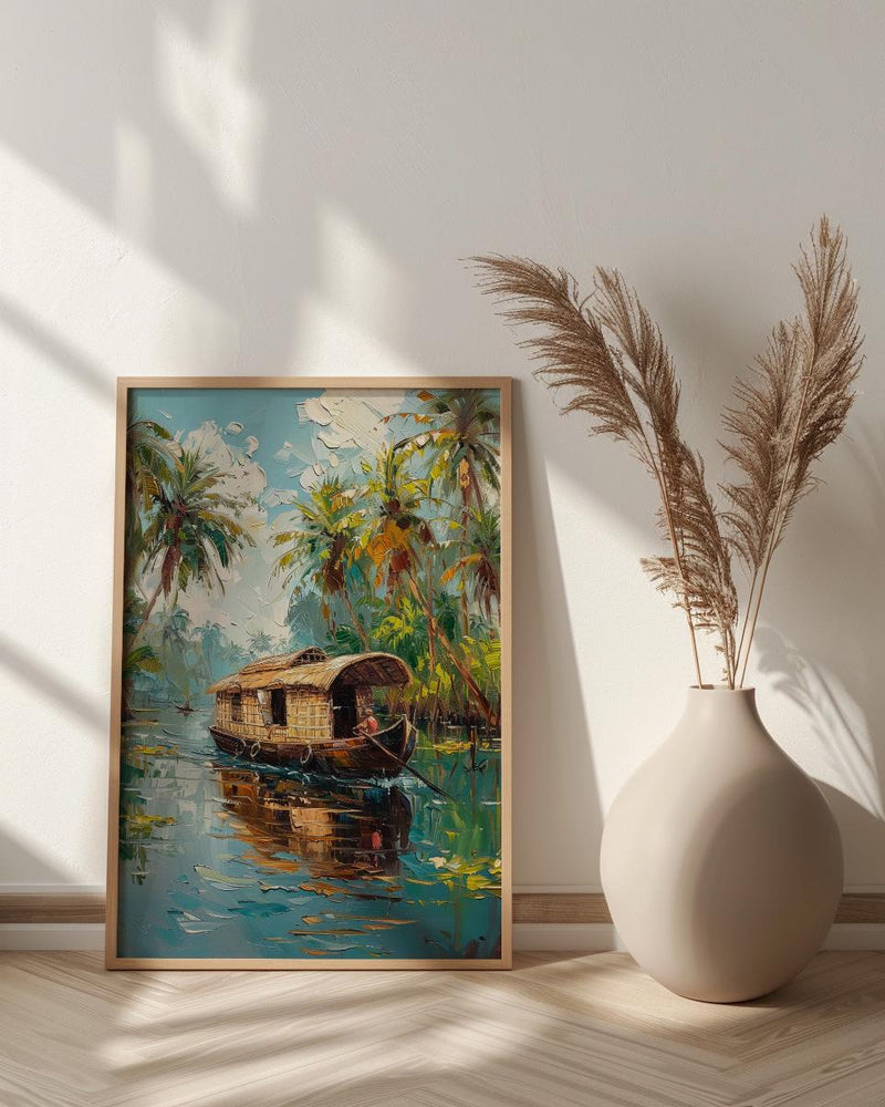 Kerala Backwater Poster, Wooden Houseboat - Tropical River Decor