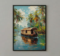 Kerala Backwater Poster, Wooden Houseboat - Tropical River Decor