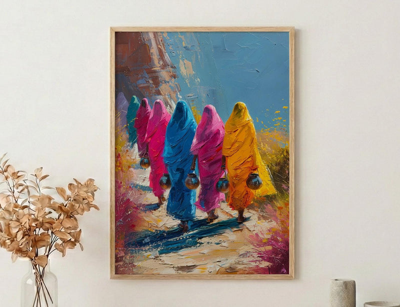 Rajasthan Desert Art, Pink Sari Decor - Indian Summer Print