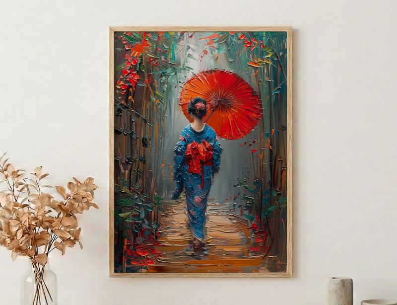 Kyoto Geisha Poster, Red Umbrella Decor - Japan Street Art