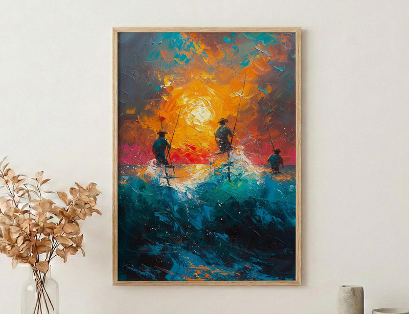 Sri Lanka Ocean Art, Stilt Fishermen - Summer Sunset Poster