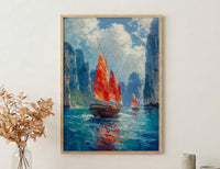 Ha Long Bay Poster, Wooden Boat Decor - Vietnam Landscape
