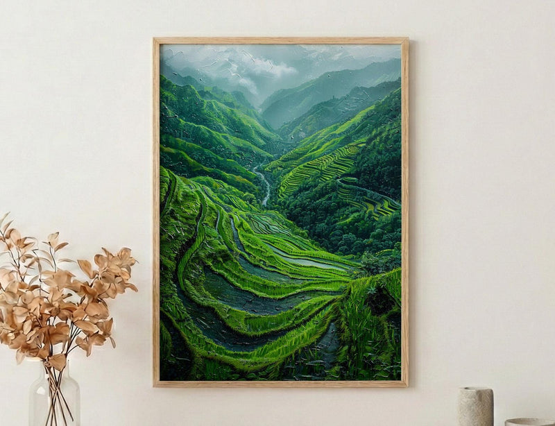 Rice Terrace Art Print, Emerald Green Decor - Curved Landscape