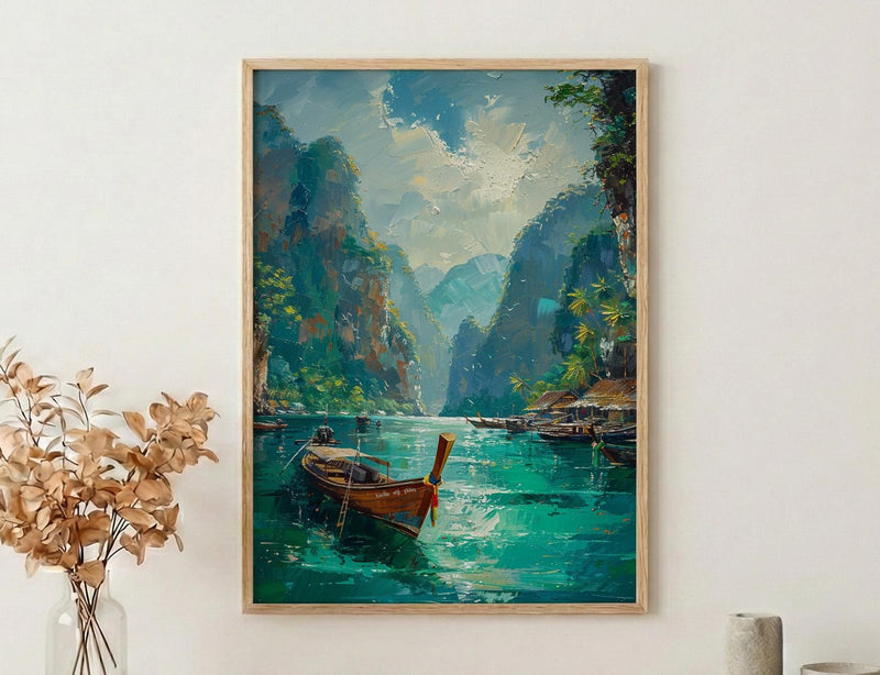 Phuket Ocean Poster, Turquoise Water Decor - Longtail Boat Print