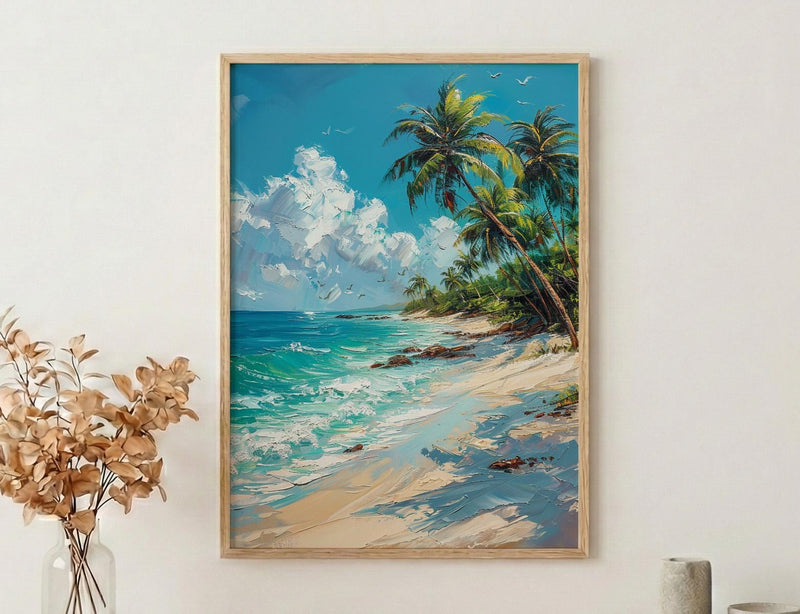 Koh Samui Beach Art, White Sand Decor - Tropical Palm Tree Print