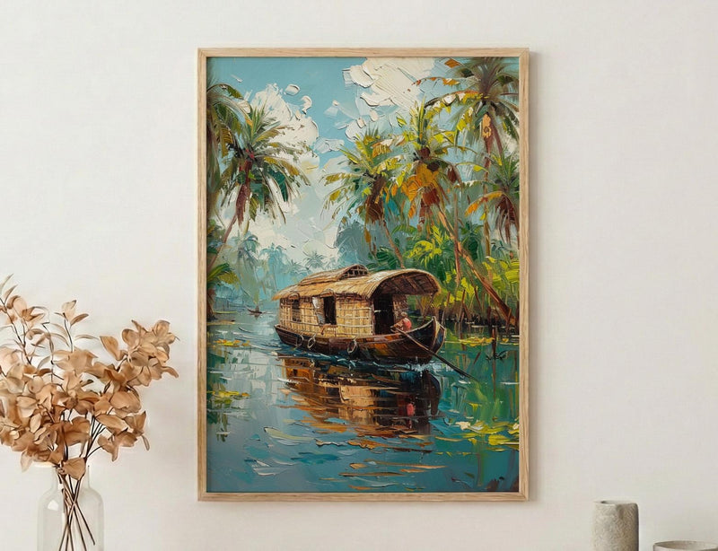Kerala Backwater Poster, Wooden Houseboat - Tropical River Decor