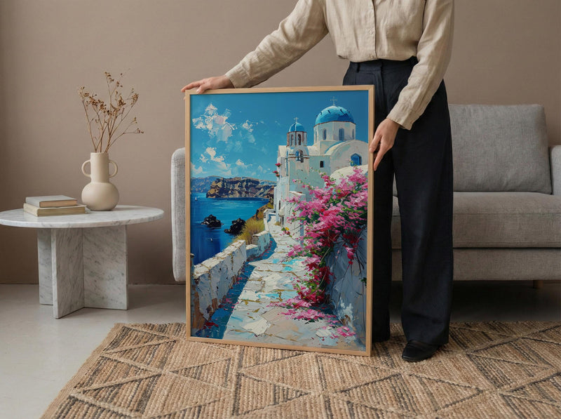 Santorini Wall Art, Greece Beach Decor - Blue Dome Poster