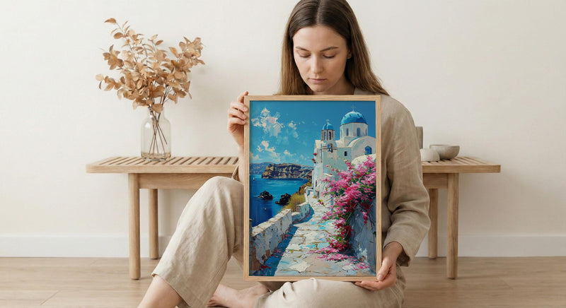 Santorini Wall Art, Greece Beach Decor - Blue Dome Poster