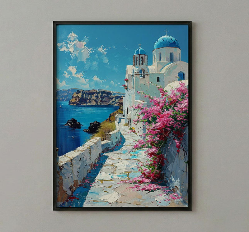 Santorini Wall Art, Greece Beach Decor - Blue Dome Poster