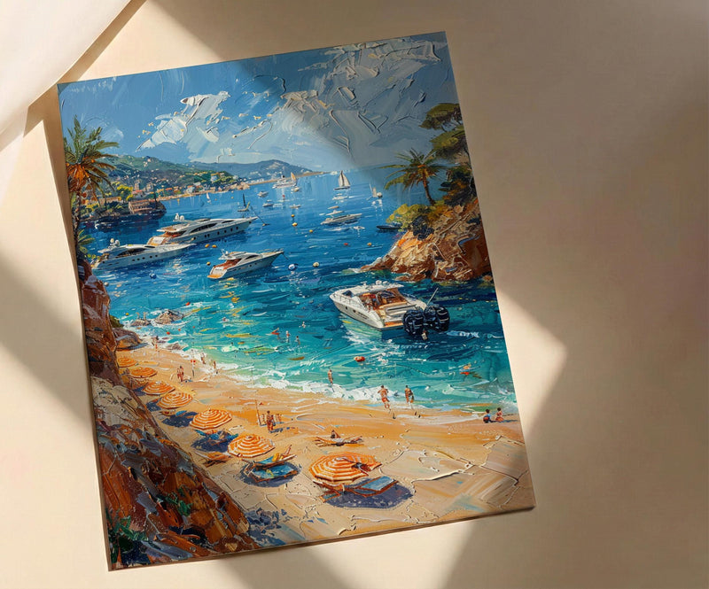 French Riviera Poster, Ocean Yacht Decor - Striped Umbrella Art