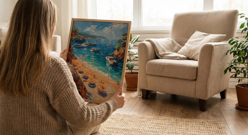 French Riviera Poster, Ocean Yacht Decor - Striped Umbrella Art