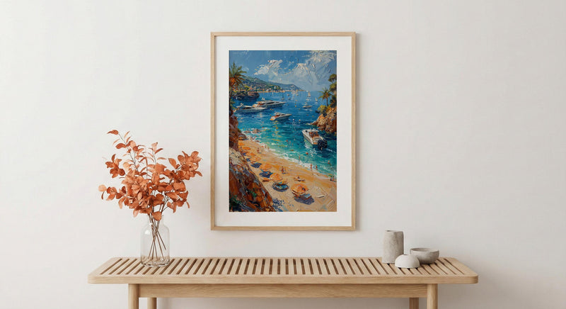 French Riviera Poster, Ocean Yacht Decor - Striped Umbrella Art
