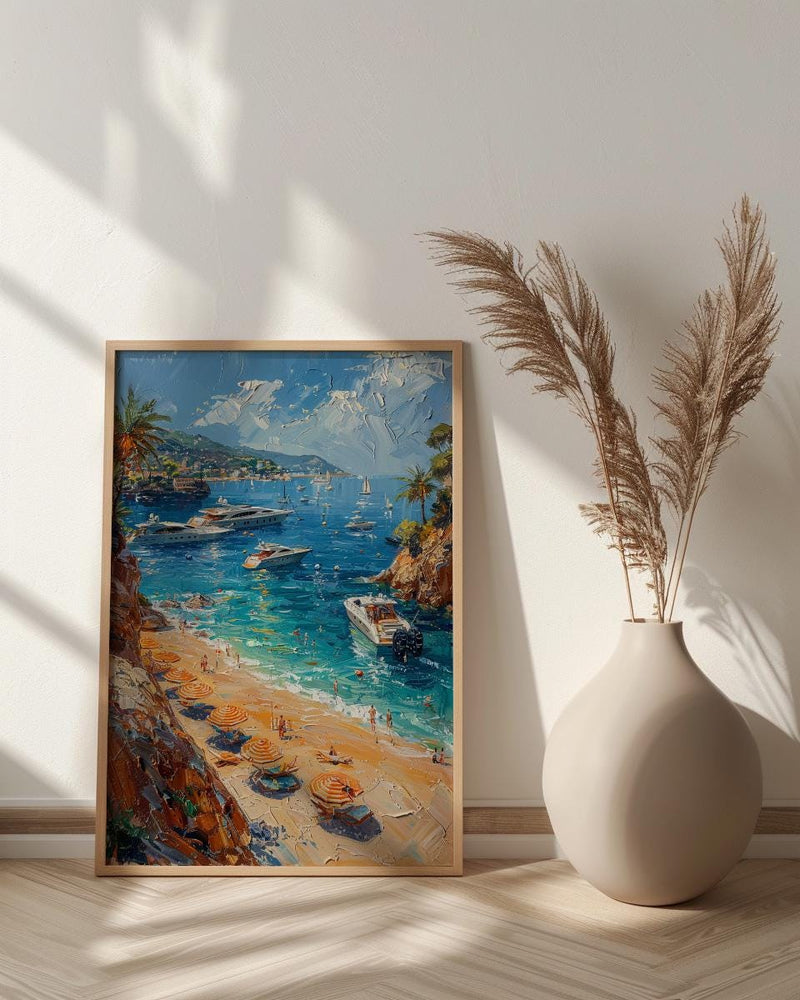 French Riviera Poster, Ocean Yacht Decor - Striped Umbrella Art