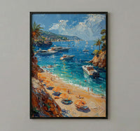 French Riviera Poster, Ocean Yacht Decor - Striped Umbrella Art