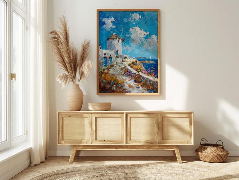 Mykonos Windmill Poster, Greece Decor - Golden Hour Art Print