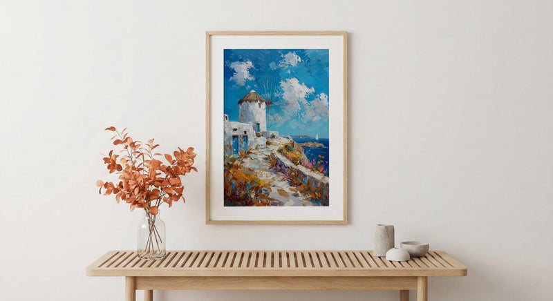 Mykonos Windmill Poster, Greece Decor - Golden Hour Art Print