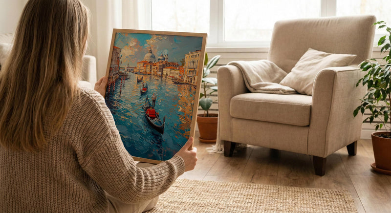 Venice Canal Wall Art, Italy City Decor - Black Gondola Print