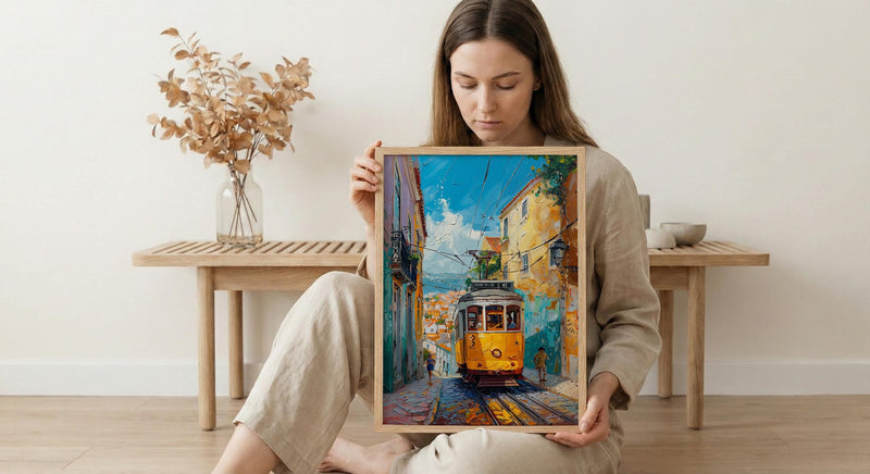 Lisbon Tram Art Print, Portugal City Decor - Cobblestone Street
