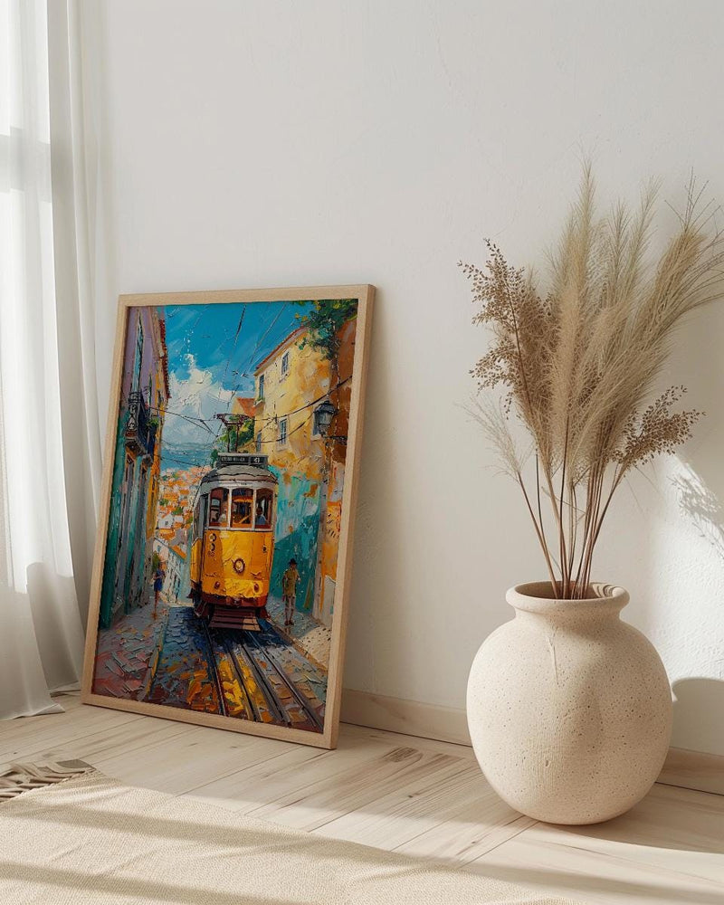 Lisbon Tram Art Print, Portugal City Decor - Cobblestone Street