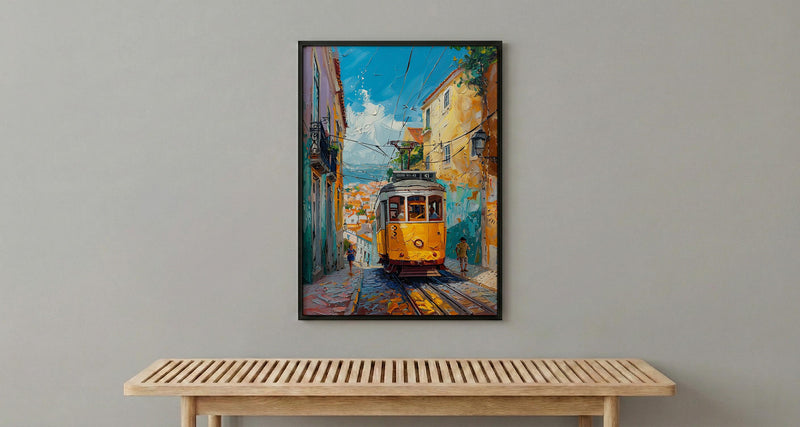 Lisbon Tram Art Print, Portugal City Decor - Cobblestone Street