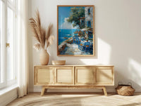 Greek Taverna Art, Greece Ocean Decor - Blue Chair Poster