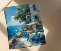 Greek Taverna Art, Greece Ocean Decor - Blue Chair Poster