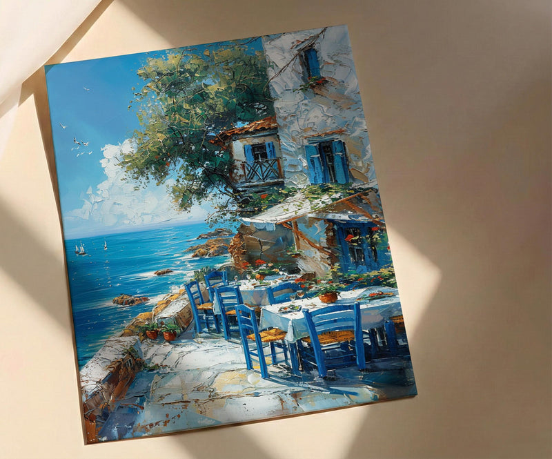 Greek Taverna Art, Greece Ocean Decor - Blue Chair Poster